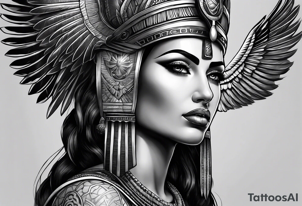 black and gray photo realistic goddess isis tattoo idea