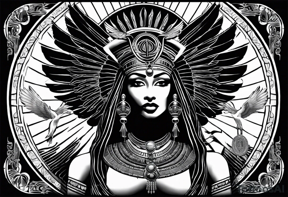 black and white Egyptian goddess Isis, who is often depicted as a woman with outstretched wings, holding an ankh (a symbol of life) in one hand and a lotus flower in the other. Her headdress often includes a throne or a solar disk. The tattoo design can vary in style and size, but it typically aims to capture the essence of this revered Egyptian deity, emphasizing her beauty, power, and maternal qualities. The choice of colors and additional elements can also be customized to create a unique and visually striking representation of the goddess Isis tattoo idea
