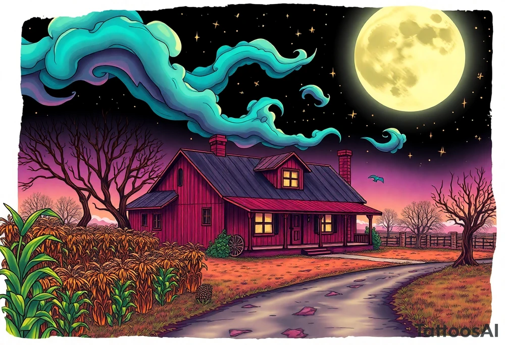 Tim Burton’s el paso texas farm house, with corn crops and pecan orchard from outside view is the street abandoned and dripping with muted reds, dusty pinks, and eerie green glow purple and cyan smokey clouds swirl and dance in the moonlit night sky filled with twinkling stars  tattoo idea tattoo idea