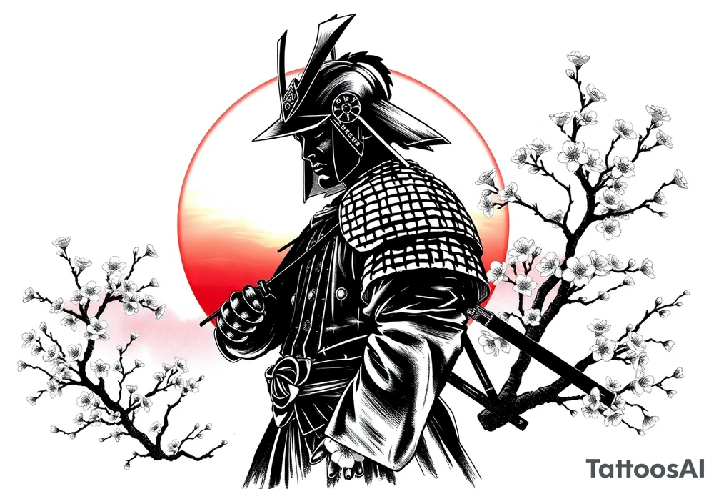 noble samurai warrior silhouette at sunset with cherry blossoms tattoo idea
