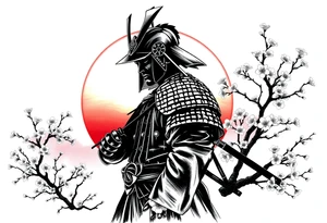 noble samurai warrior silhouette at sunset with cherry blossoms tattoo idea