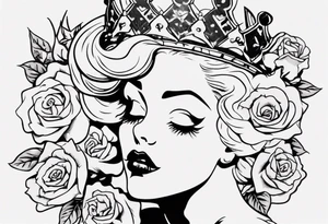 pin-up queen of hearts with a crown and natural lips, immersed in rose flowers tattoo idea