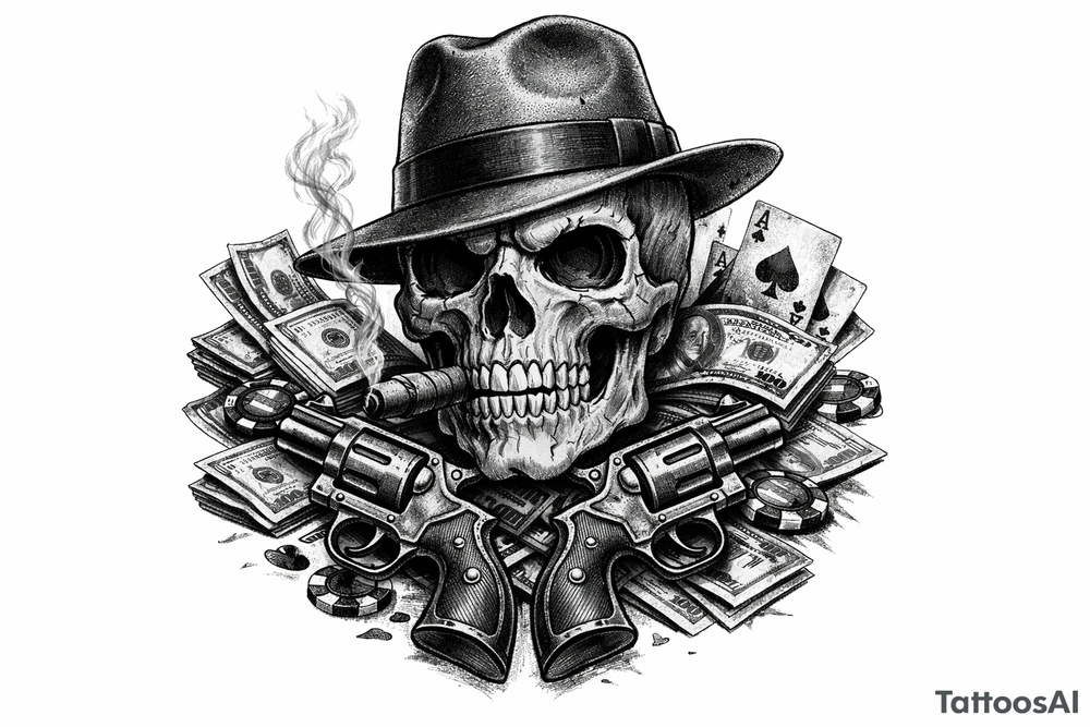 A black and grey skull with a fedora, cigar, and crossed revolvers, with scattered money and cards. tattoo idea