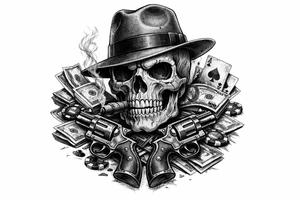 A black and grey skull with a fedora, cigar, and crossed revolvers, with scattered money and cards. tattoo idea