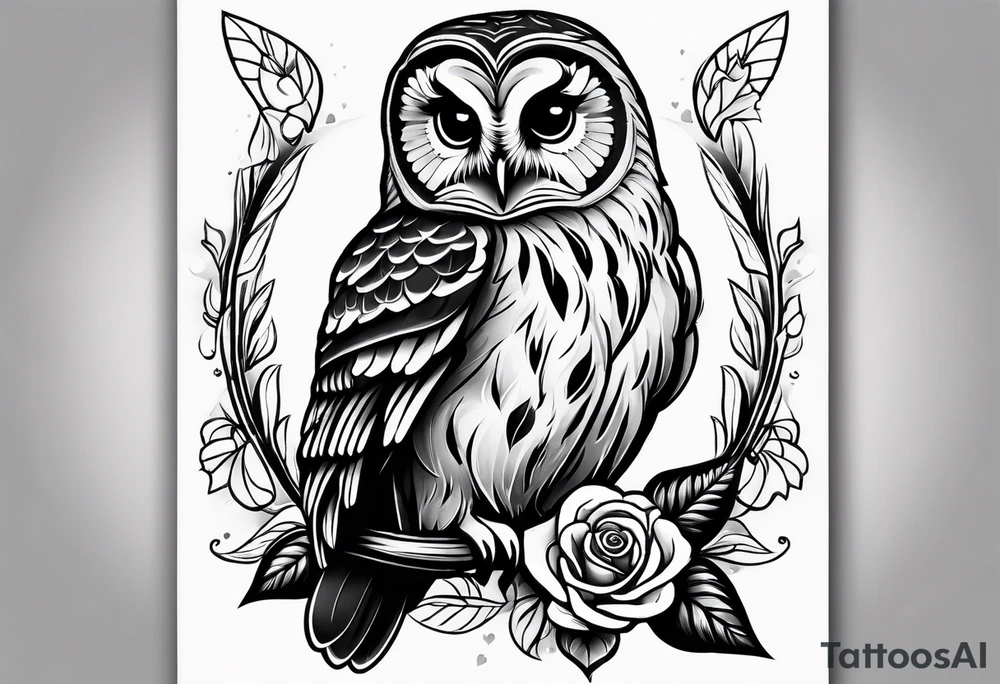 Barred owl with a rose and a heart tattoo idea