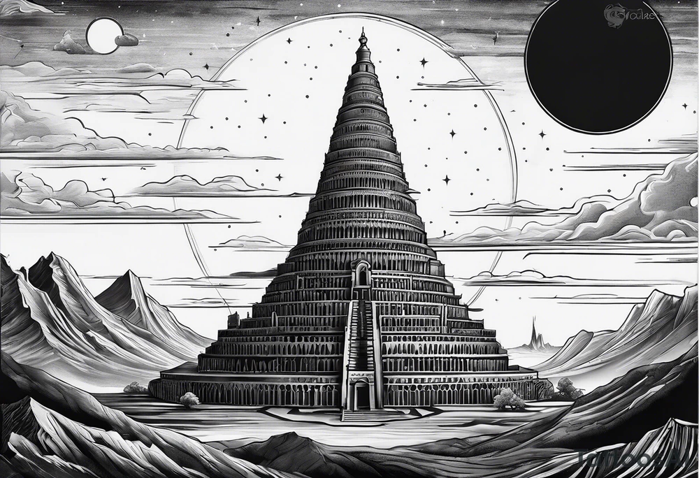 Babel tower with a saturn sunset tattoo idea