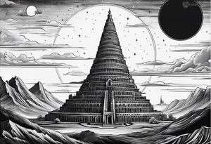 Babel tower with a saturn sunset tattoo idea