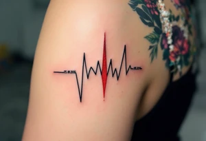 Two heartbeat lines ending in a red spike with your wedding date (05.08.2016) in cursive on both forearm. tattoo idea