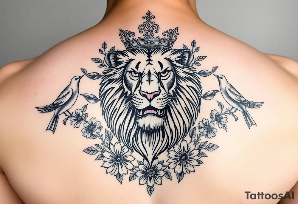 powerful majestic lion with a crown, surrounded by floral ornaments and birds tattoo idea