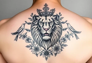 powerful majestic lion with a crown, surrounded by floral ornaments and birds tattoo idea