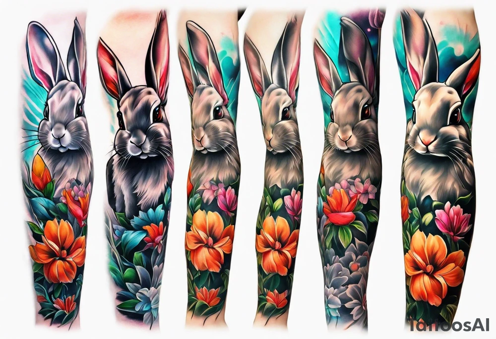 Rabbit and flowers, spine tattoo cover up long tattoo tattoo idea