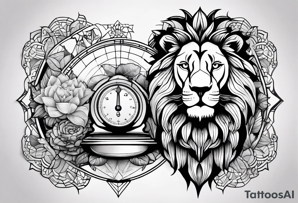 A lion, an owl, a set of balance scales, and a lotus leaf tattoo idea