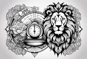 A lion, an owl, a set of balance scales, and a lotus leaf tattoo idea