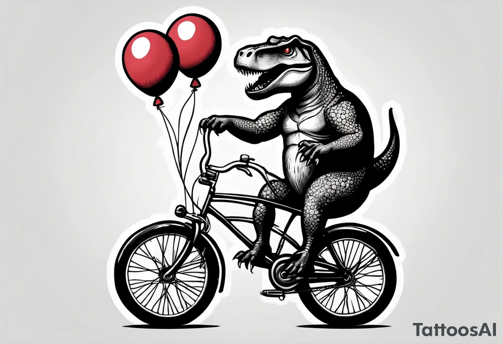 Trex riding a bicycle holding balloons neo trad tattoo idea
