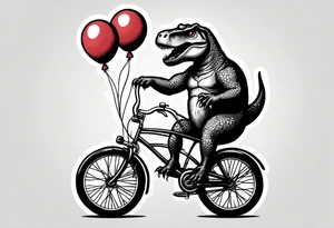 Trex riding a bicycle holding balloons neo trad tattoo idea