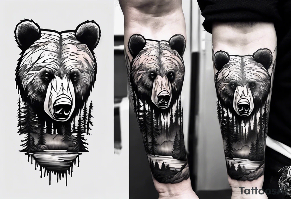 bear head right above the forest line with a lake below, full arm sleeve tattoo tattoo idea