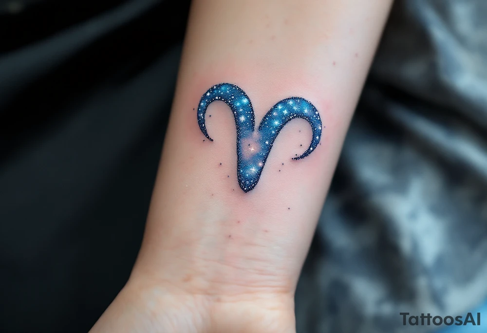 An ethereal Aries sign tattoo uses dots of light-blue and white to form the Aries star constellation in a dreamy galaxy swirl. tattoo idea