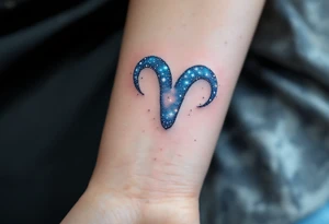 An ethereal Aries sign tattoo uses dots of light-blue and white to form the Aries star constellation in a dreamy galaxy swirl. tattoo idea