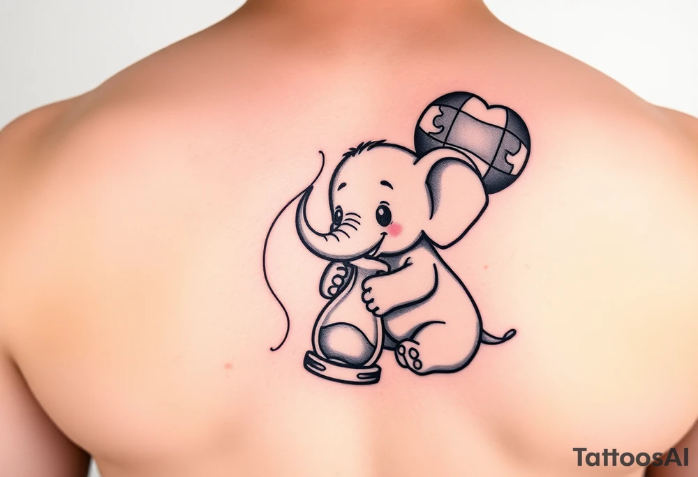 Baby elephant next to hour glass holding autism balloon tattoo idea