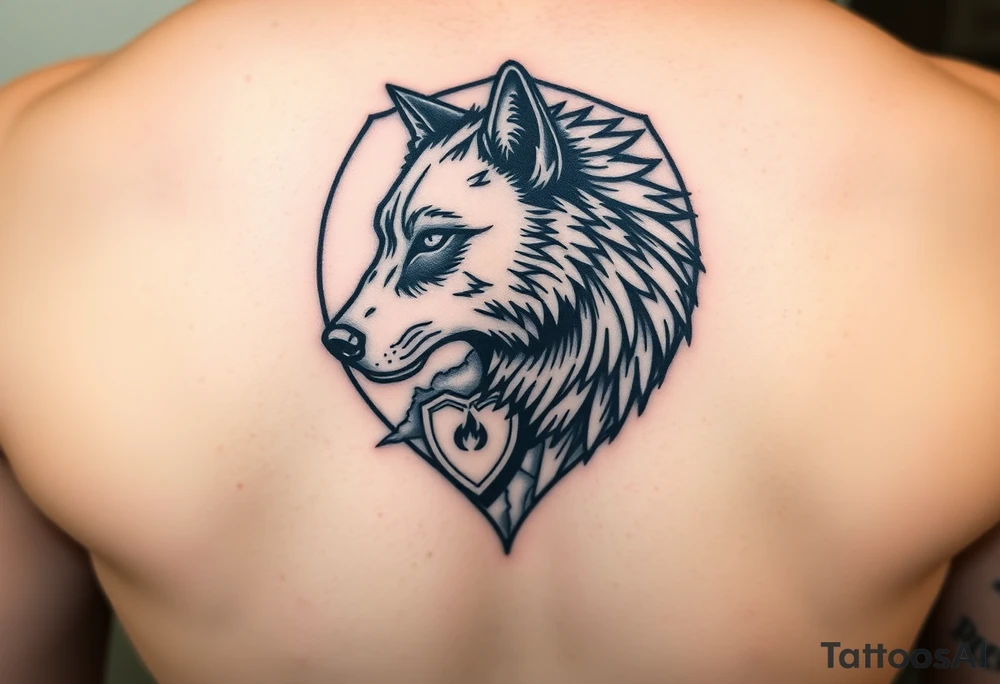 A powerful, masculine tattoo of a lone wolf’s head in profile, fierce but calm, with a subtle glint of sadness in its eye. Behind the wolf is a cracked and battle-worn shield symbolizing struggles and anxiety. On the shield is a small, subtle heart or flame engraving representing hidden love and passion. The design features sharp, detailed linework emphasizing fur texture and shield cracks. Style is bold blackwork with minimal shading, focusing on strength, resilience, and quiet emotion. tattoo idea