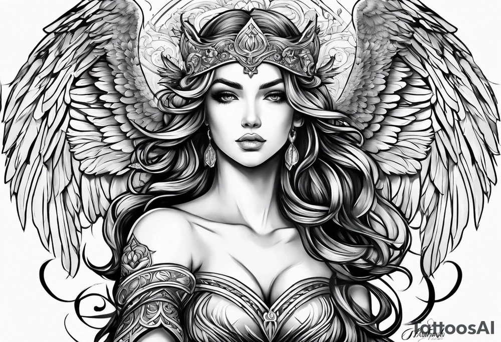 Female angel with sword and beauty dominance tattoo idea