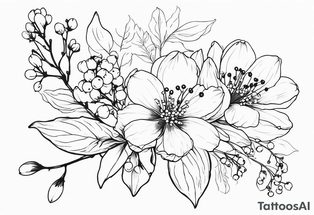 cosmos flower, cherry blossoms, rowan tree berries and flowers, lily of the valley tattoo idea