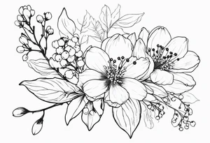 cosmos flower, cherry blossoms, rowan tree berries and flowers, lily of the valley tattoo idea