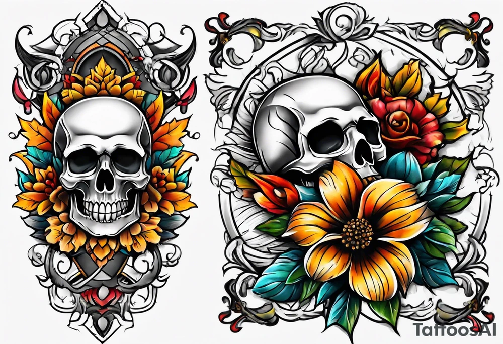 Old school center Knee tattoo with skulls, flower shapes and fall colors tattoo idea