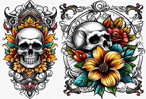 Old school center Knee tattoo with skulls, flower shapes and fall colors tattoo idea