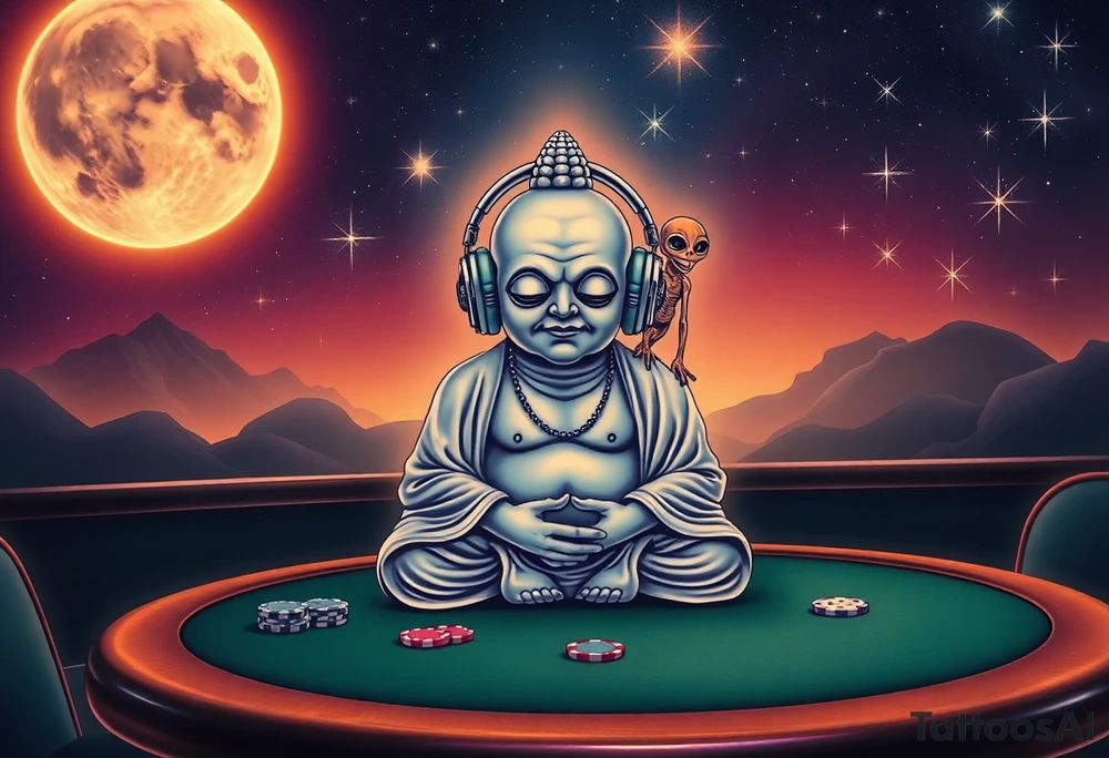 a dim celestial light shines over a curious wise chubby alien buddha who is wearing headphones and is calmly meditating on top of a texas hold'em table, and under a beautiful starry sky. There is a friendly alien sitting on his shoulder. tattoo idea