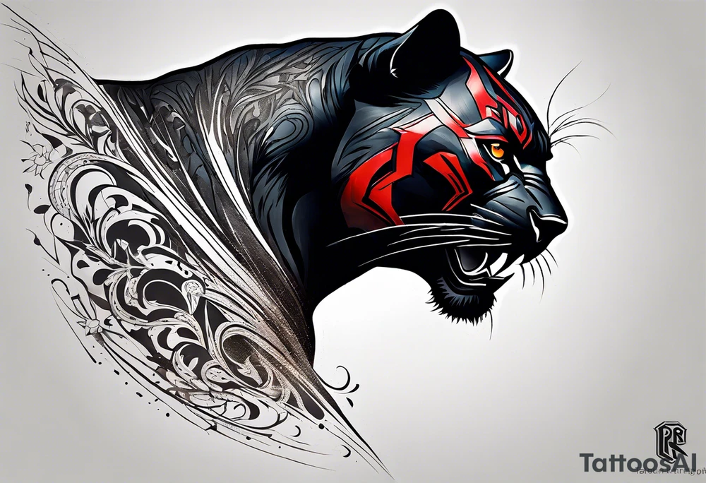 unique black panther tattoo, dynamic pose, showcasing its strength and grace, striking red eyes, intense and captivating elements, artistic flair, blending realism with abstract elements tattoo idea