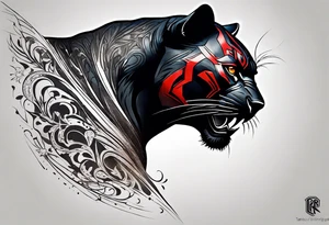 unique black panther tattoo, dynamic pose, showcasing its strength and grace, striking red eyes, intense and captivating elements, artistic flair, blending realism with abstract elements tattoo idea