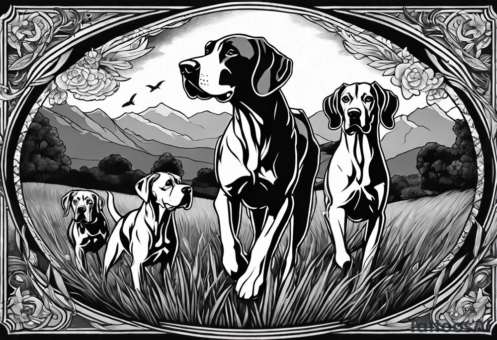 full arm sleeve on guy with (4) Four Great Dane floppy ear dogs running together in the field along with other fill work tattoo idea