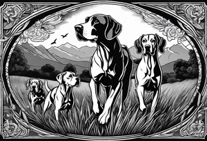 full arm sleeve on guy with (4) Four Great Dane floppy ear dogs running together in the field along with other fill work tattoo idea