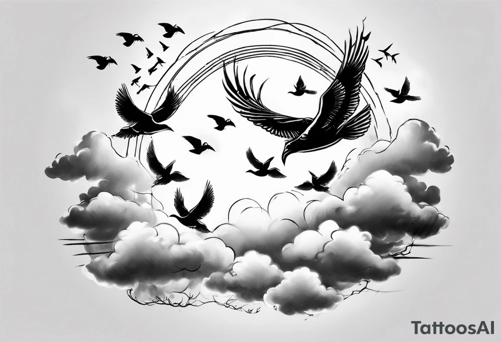 a shoulder tattoo with rays of light, clouds and birds flying free tattoo idea