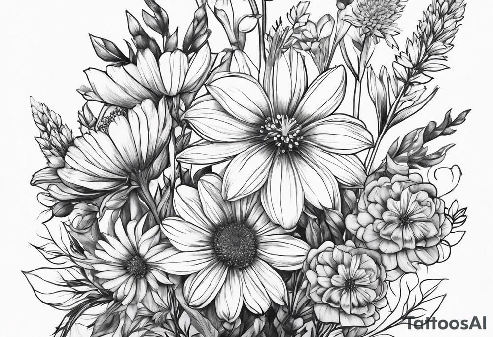 long stem wildflower bouquet tattoo idea
