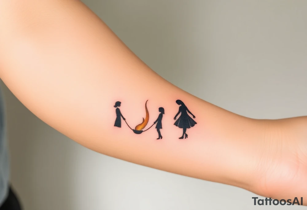 Silhouette of grandmother, mother and daughter passing a flame from oldest to youngest with the flame growing as it goes. tattoo idea