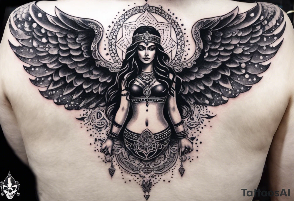 black kali, goddess pirate, alien, angel, pachamama, valkrye, warrior, flying, skull, lotus azul, wing, eagle, zenza resonance, stars, 5D, anahata chakra, death, durga, riding on a tiger, flying lady, chest tatoo tattoo idea