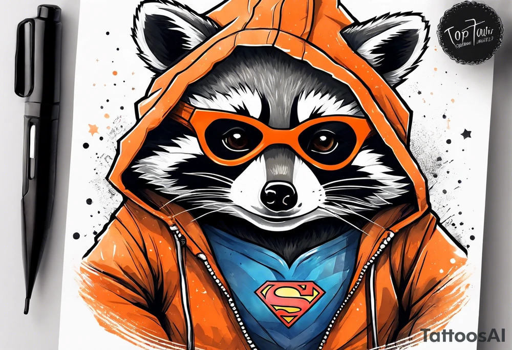 Raccoon wearing an orange Superman hoodie tattoo idea
