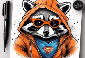 Raccoon wearing an orange Superman hoodie tattoo idea