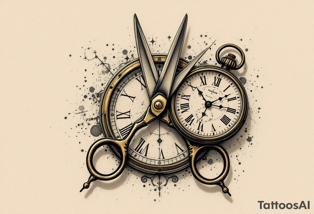 Scissors and Clock Tattoo – A vintage-style pair of brass scissors placed near an old-fashioned pocket watch, with black and gold tones to create a sense of timelessness, symbolizing the passage of time and the precision of moments. tattoo idea