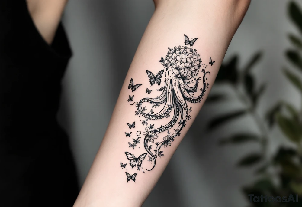 A fine-line tattoo design of a single octopus made entirely of flowers and butterflies. The octopus’s tentacles are shaped like flowing floral vines with leaves and petals, and its body is composed of overlapping blossoms and butterfly wings. The style is minimalist, elegant, and nature-inspired, with delicate black and grey lines, soft shading, and no outlines. No aquatic or marine elements besides the floral octopus. The design flows organically down the upper arm or shoulder, with a light, airy, and poetic feel. tattoo idea