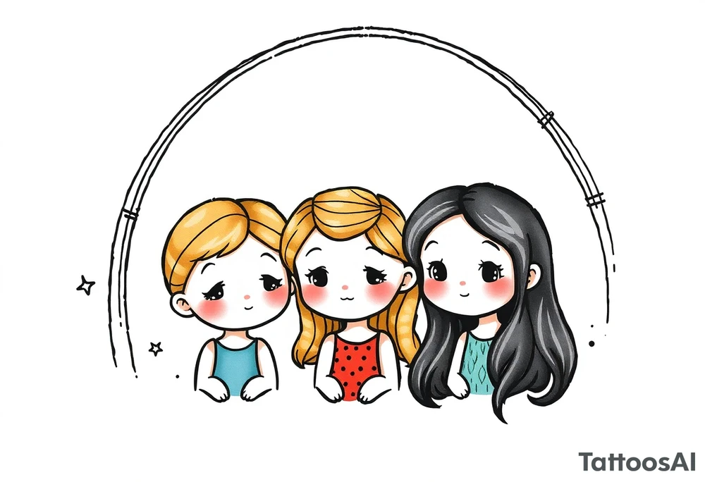 3 petites filles ( une cheveux noir et deux blondes)
sous un arc en ciel incomplet tattoo idea