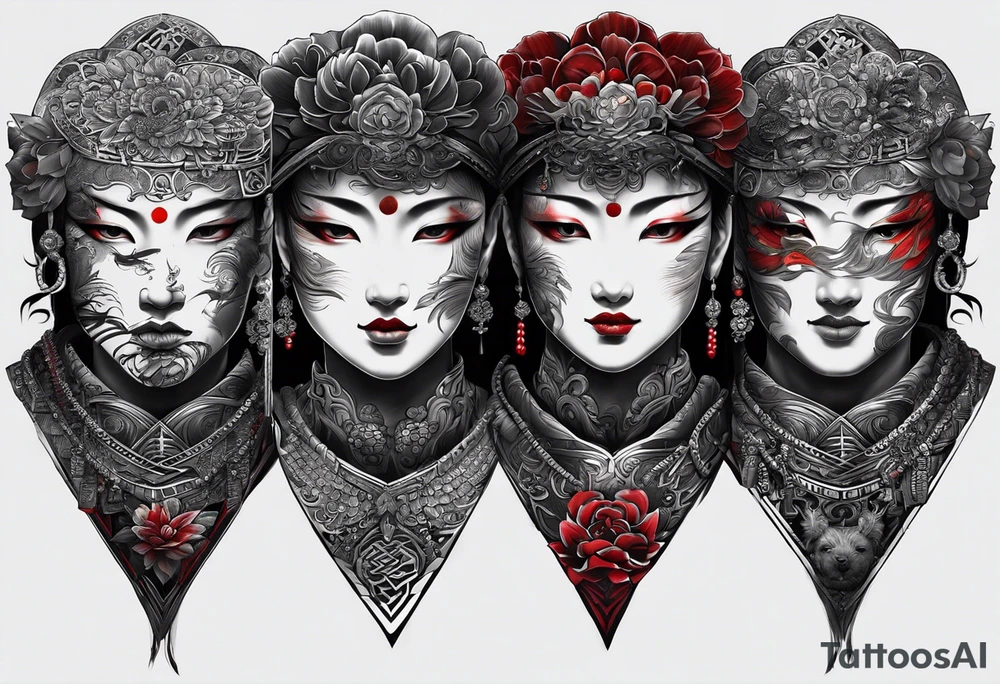The Japanese say you have three faces. The first face, you show to the world. The second face, you show to your close friends and your family. The third face, you never show anyone.

make it for a chest piece and make it darker

make it three different faces but connect there necks tattoo idea