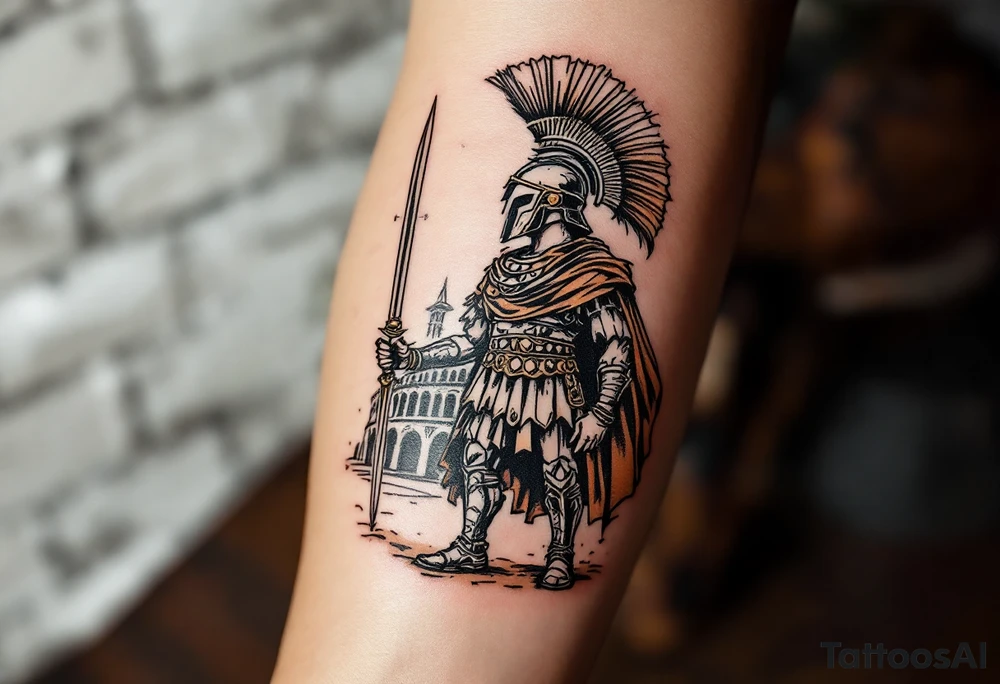 gladiator standing colosseum interior combat sword helmet cape sand wind tattoo idea