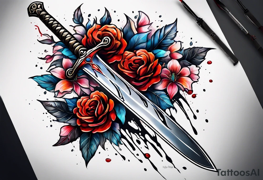 Bloody sword dripping into flowers tattoo idea