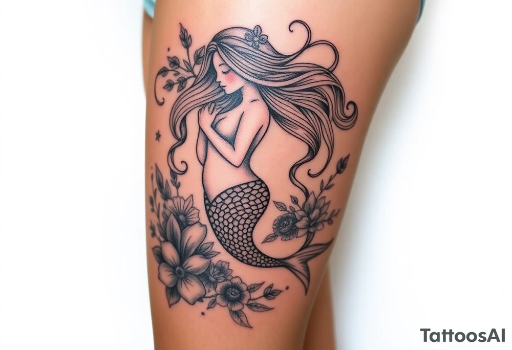 ethereal mermaid with flowing hair among coral and sea flowers tattoo idea