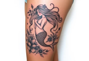 ethereal mermaid with flowing hair among coral and sea flowers tattoo idea