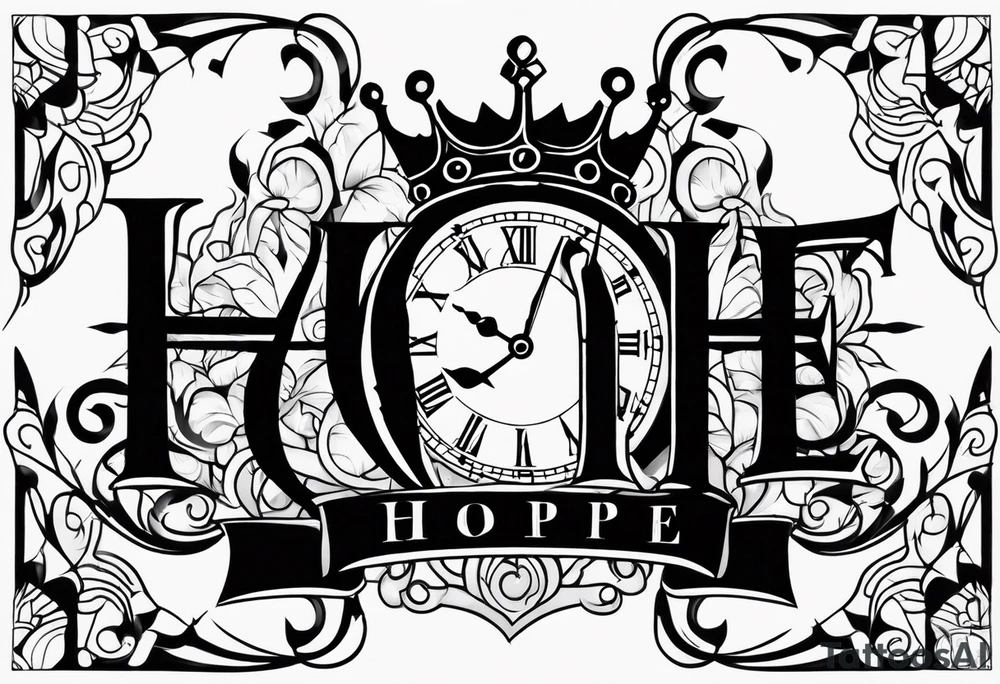 HOPE lettering tattoo with broken clock and king crown incorporated tattoo idea