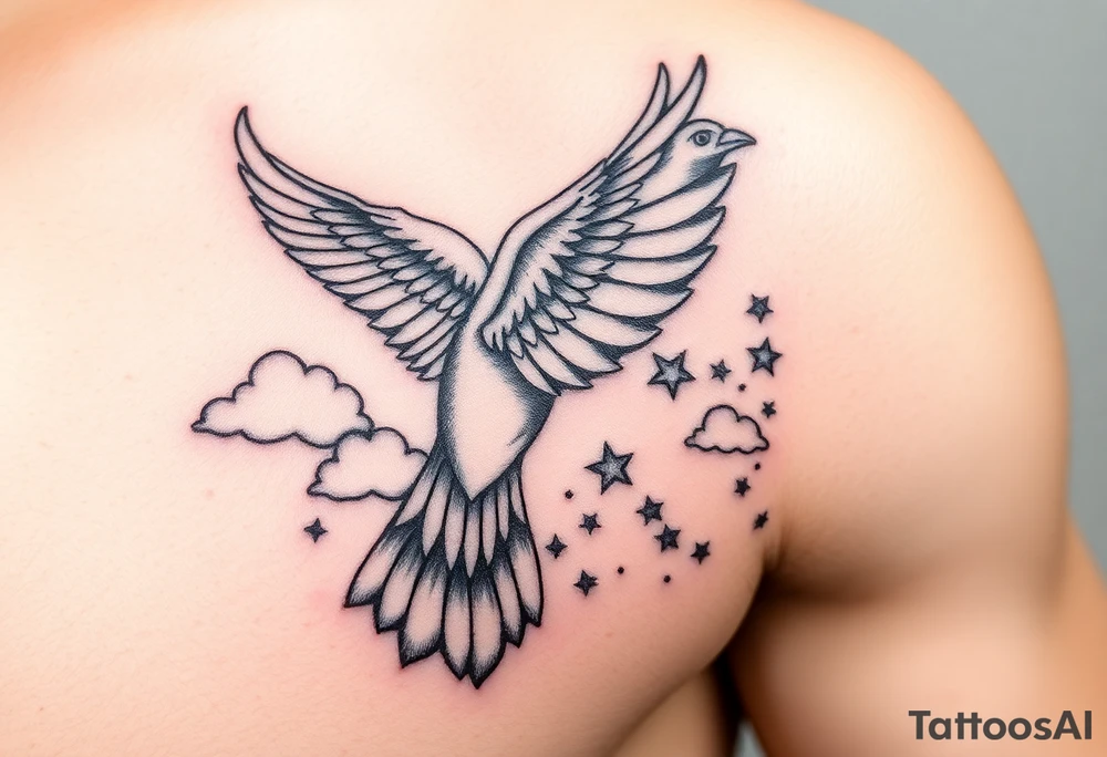 Dove and a blue jay, clouds, shining light to or from heaven tattoo idea
